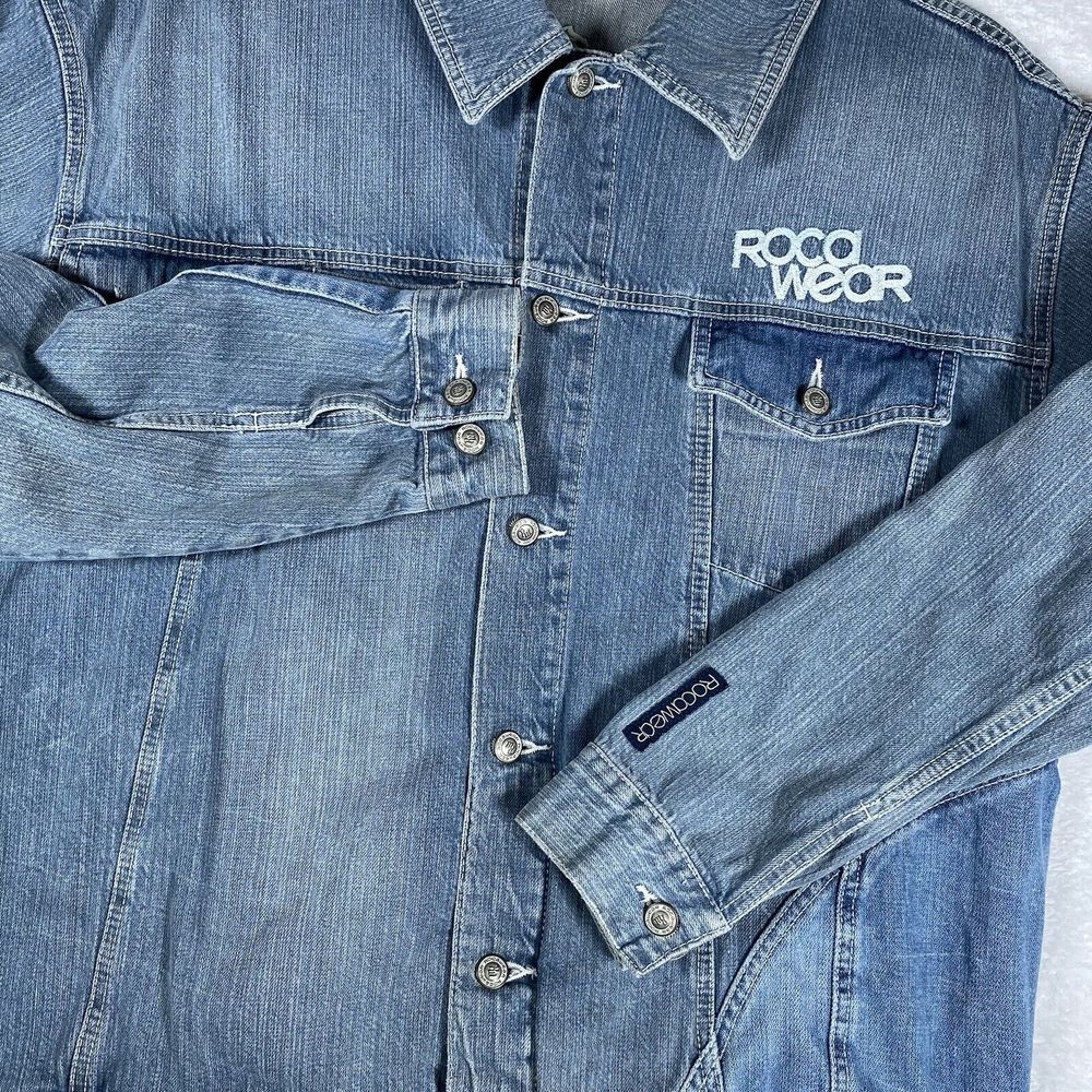 Rocawear Men's Large Blue Denim Jacket‎ Embroidered Logo Patchwork VTG Hip Hop